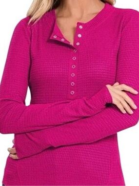 Zenana Henley Top Size Large Waffle Knit Snap Front Long Sleeve Hot Pink Rayon